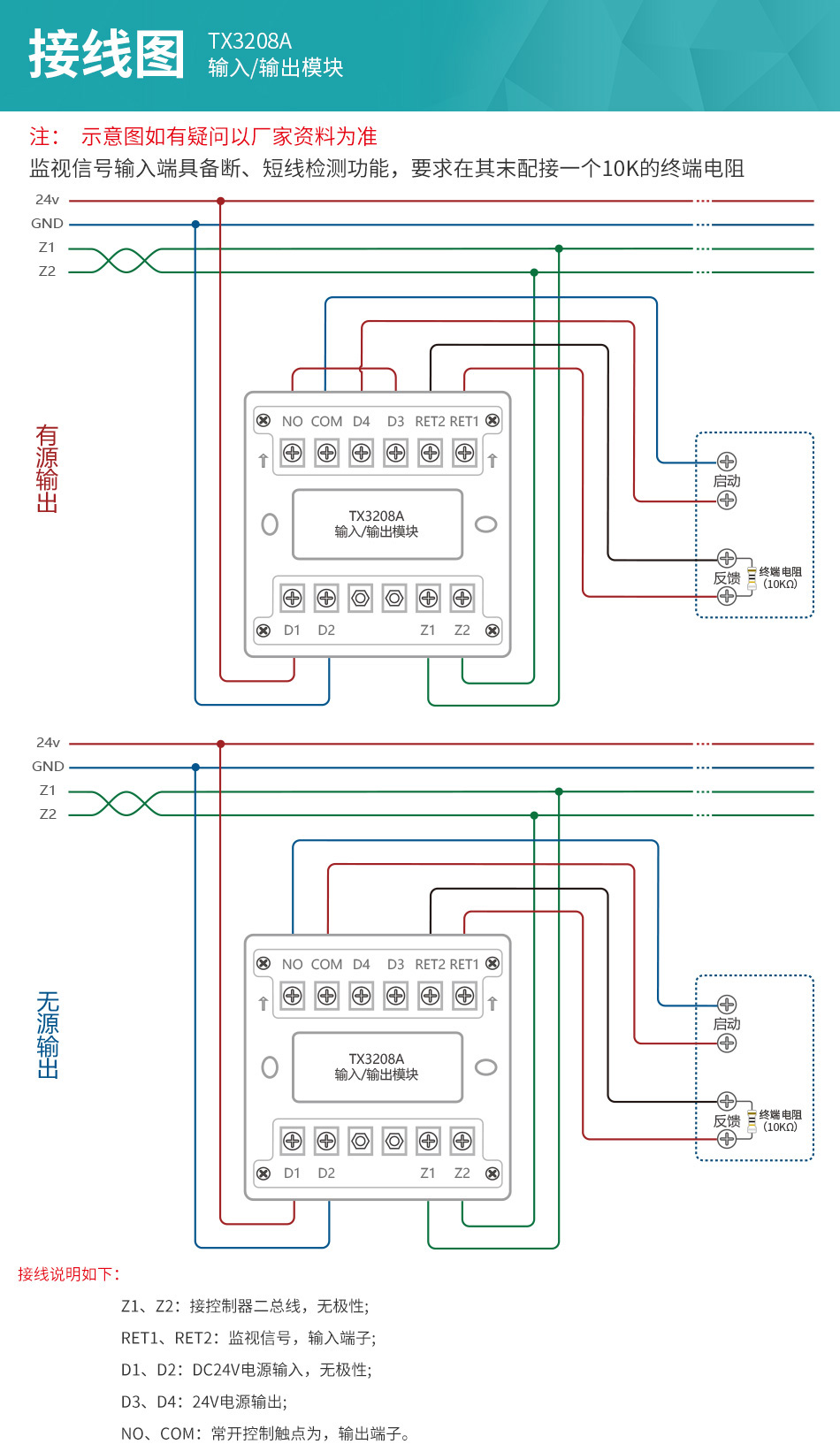 泰和安TX3208A输入输出模块接线图详解及控制器连接指南